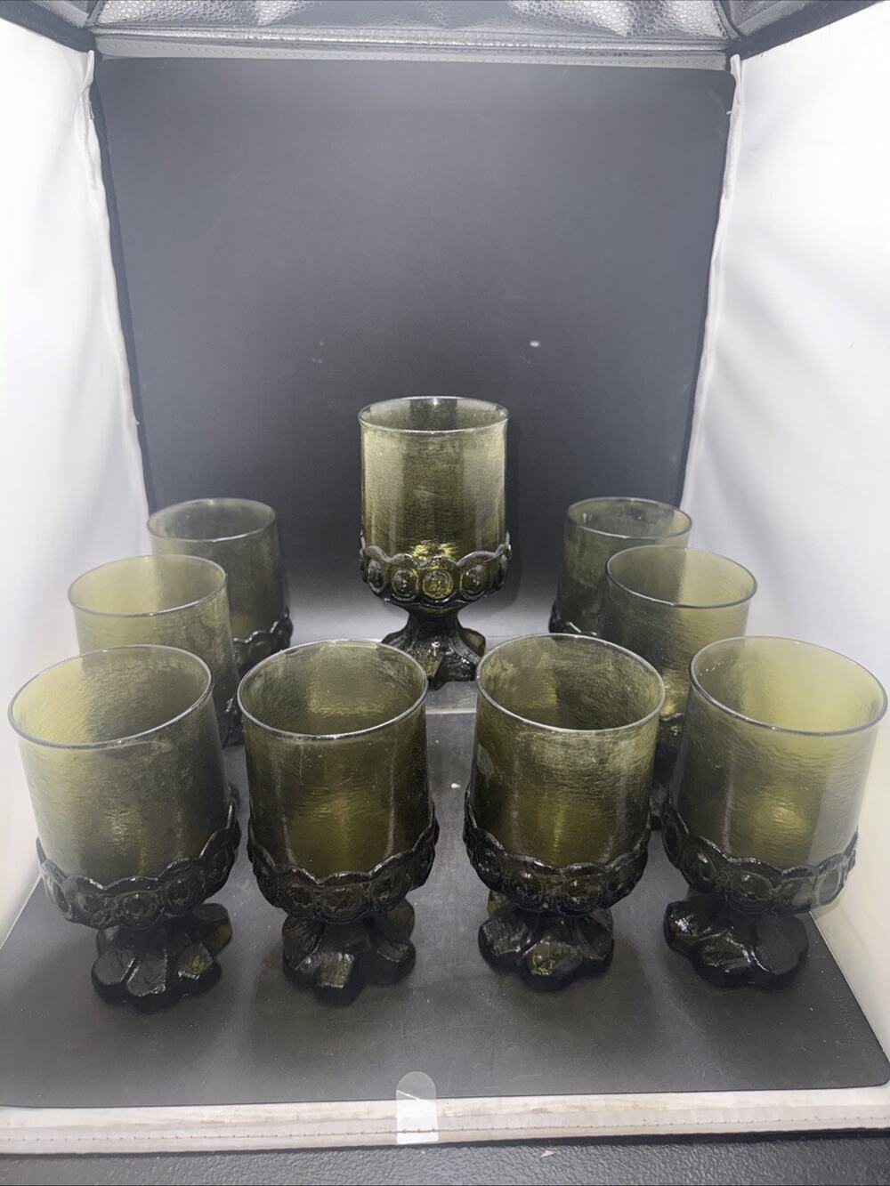 Tiffin Franciscan Madeira Olive Green Goblets Set of 9 Vintage Water Glasses